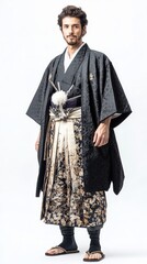 A man in traditional Japanese attire stands confidently showcasing cultural artistry