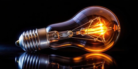 warm, tungsten light bulb, energy, overhead view, electricity, ambiance, glowing, A close up view of a tungsten light bulb glowing brightly on a black background seen from above