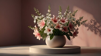 A blooming spring flower, with delicate petals in shades of pink and white, adorns a 3D podium display. The scene captures the essence of beauty in nature, showcasing the intricate details of the flor
