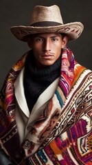 The model exudes confidence while wearing vibrant Peru traditional attire with a hat