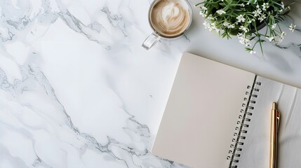 White Marble Desk with Notebook, Pen, and Coffee Cup