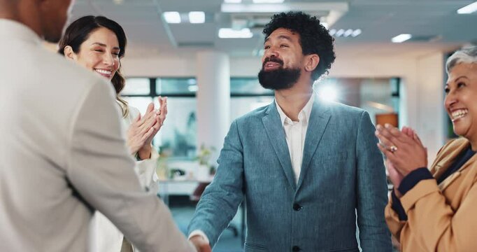 People, hand shake and happy at office with applause for congratulations on job or internship opportunity. Meeting, success and partnership with support or agreement for teamwork and collaboration