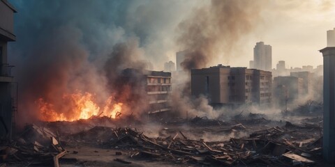 Dramatic Urban Destruction Scene with Collapsed Buildings and Heavy Smoke in a Modern Cityscape.