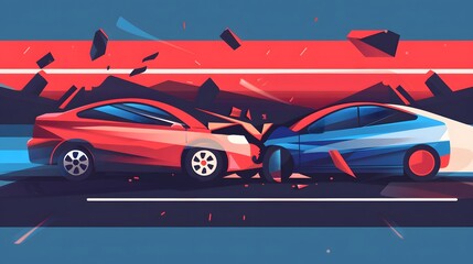 A Red and Blue Car Collision with Geometric Shapes