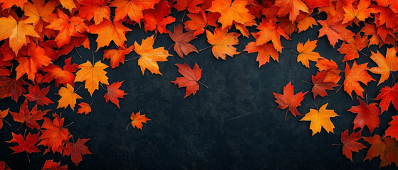 Fototapeta premium vibrant orange and yellow maple leaves in a forest setting, contrasted against a dark background