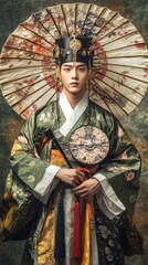 Obraz premium A model displays exquisite South Korean traditional clothing adorned with intricate patterns