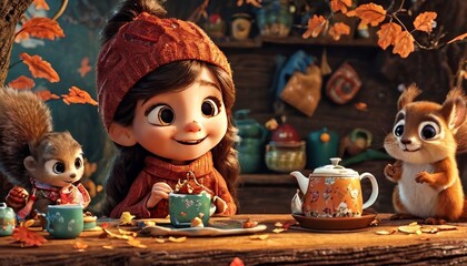 Fototapeta premium A heartwarming scene of a child having tea with squirrels in a cozy autumn forest. The warm, golden hues and playful characters create a whimsical and joyful atmosphere, perfect for capturing the