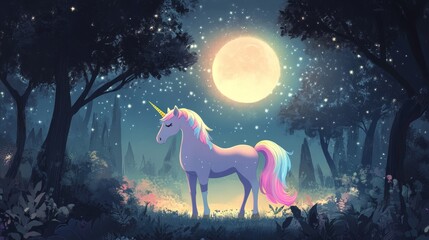 Magical unicorn standing in a moonlit forest.