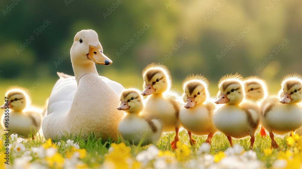 Sticker a group of ducks are standing in a field with flowers, ai