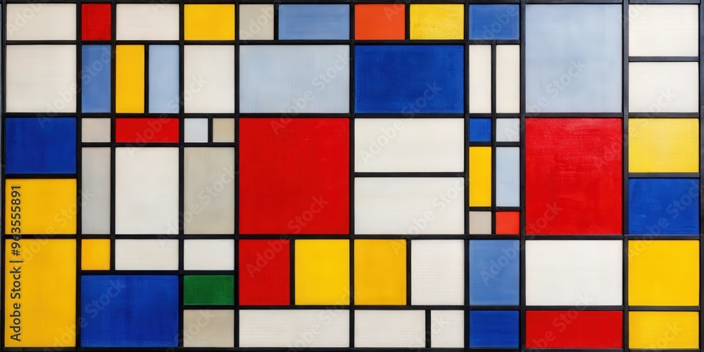 Wall mural Graphic of a geometric Mondrian painting with colorful blocks and black grid lines