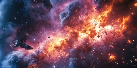 Obraz premium Epic space battle scene, futuristic spaceship in fiery combat. Interstellar warfare and action scenes. AI generated illustration