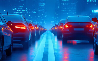 Cars in traffic under neon lights during nighttime downtown