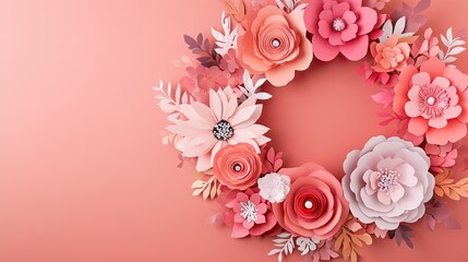 Naklejka premium A beautiful paper flower wreath in soft pink hues, perfect for decoration or crafting inspiration.
