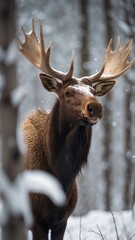 moose or elk in a birch forest with snow.