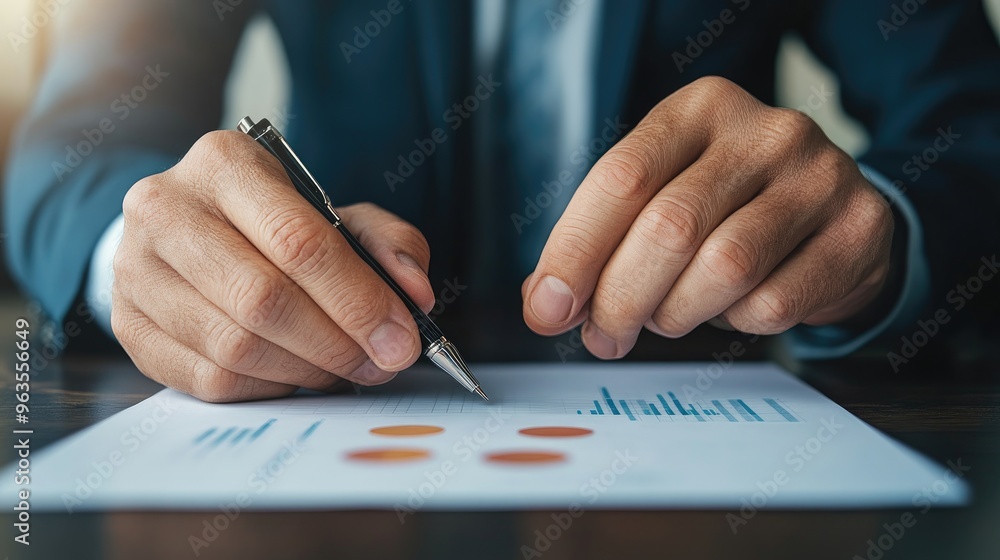 Poster a businessman analyzing charts and graphs on a document with a pen, showcasing professionalism and f