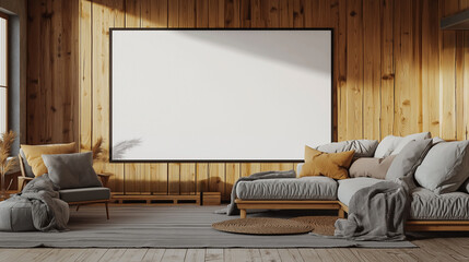 A modern home cinema with a white blank large screen and a cozy sofa, set in a wooden room designed in Scandinavian style