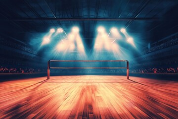 Dramatic indoor volleyball court under bright stadium lights with cheering crowd in vibrant atmosphere
