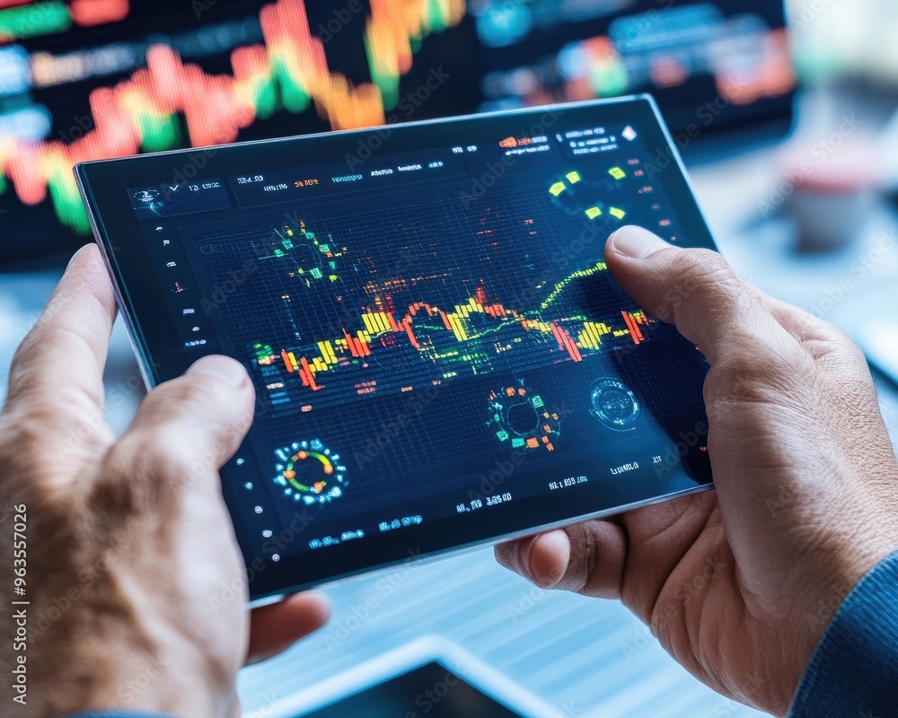 Poster a close-up of hands holding a tablet displaying financial graphs and data analysis for stock market 