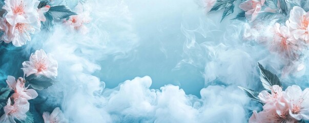 Enchanting floral border with pink blossoms and ethereal white smoke on a soft blue background creating a serene and dreamy atmosphere