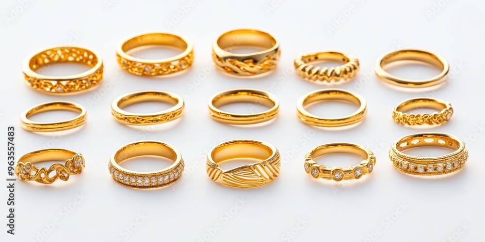 Poster a collection of gold and diamond rings are displayed on a white background. the rings vary in size a