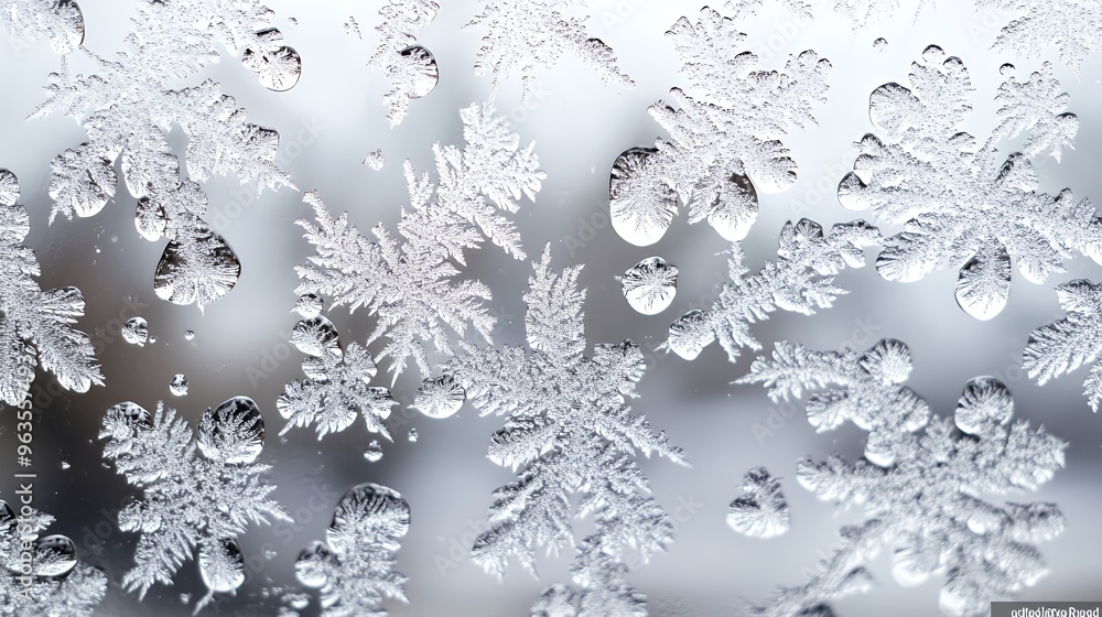 Aufkleber close-up of frost patterns on a windowpane with a blurry background.