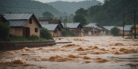 Devastating Flash Flood Engulfing a Countryside Village - Natural Disaster Concept.