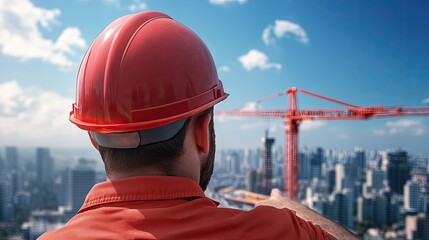A construction worker in a red hard hat oversees a city skyline with cranes, ensuring safety and progress on site.