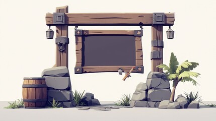 Survival game leaderboard design with a combination of metal and wood elements, featuring a low poly, cartoony style, set against a white background