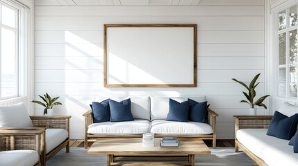 Coastal Living Room with White Walls and Natural Elements