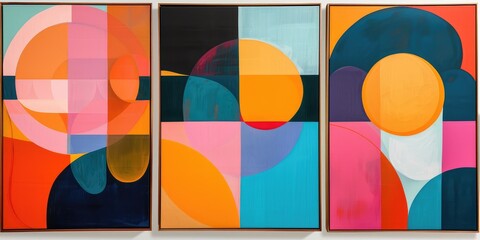 Geometric Abstract Triptych with Vibrant Colors. AI generated illustration