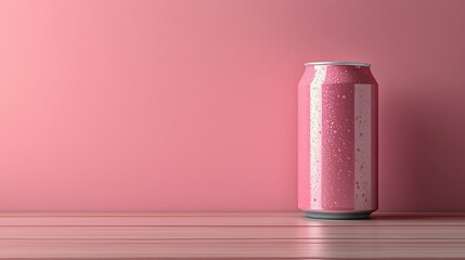 mock up minimalist pink soda can 330ml, on wooden table in pastel color background isolation