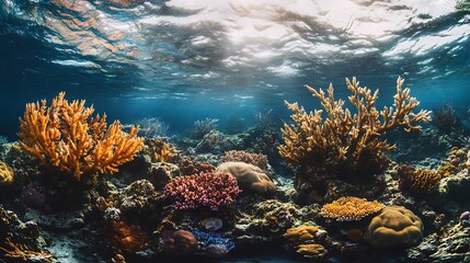 An ocean ecosystem filled with dying corals and disappearing marine life, showing the ongoing destruction caused by rising ocean temperatures and acidification linked to climate change.