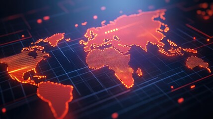 A digital world map with glowing red outlines and grid lines, representing global connectivity and technological advancements.