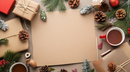 Fototapeta premium A festive flat lay featuring gift boxes, pine cones, and cups of hot drink, perfect for holiday creativity and celebration.