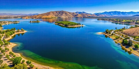 Obraz premium high angle, water, nature, Riverside County, destination, tourist spot, fresh, Aerial view of a serene crystal clear lake nestled along the Riverside County of Lake Elsinore California