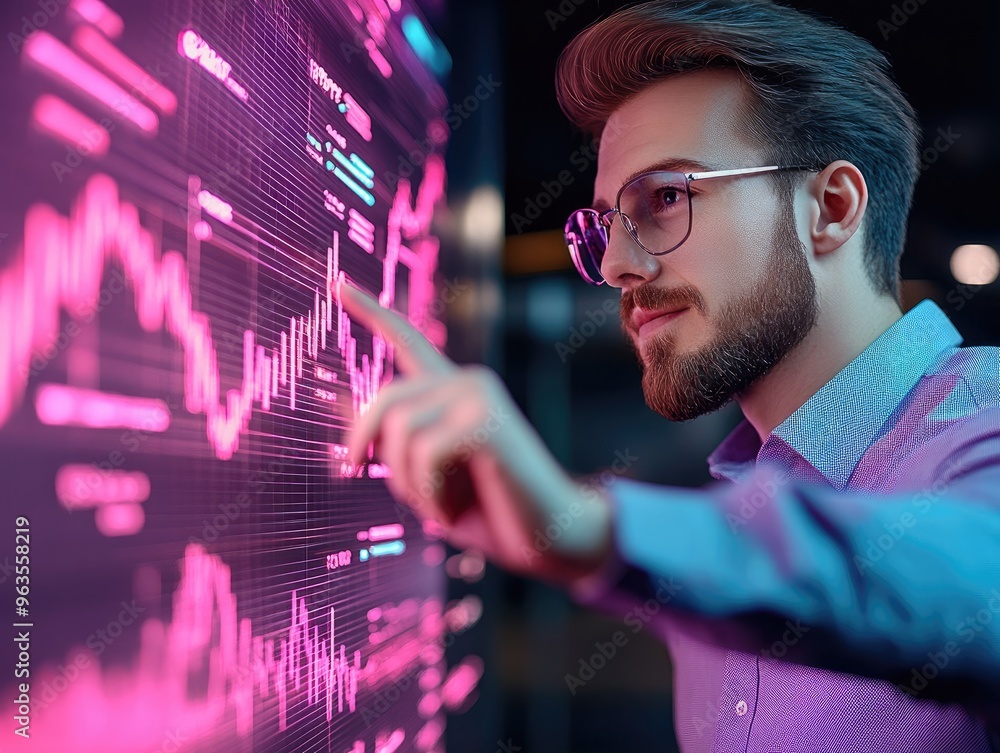 Poster a focused man analyzing data on a digital screen with vibrant graphs showcasing trends and insights 