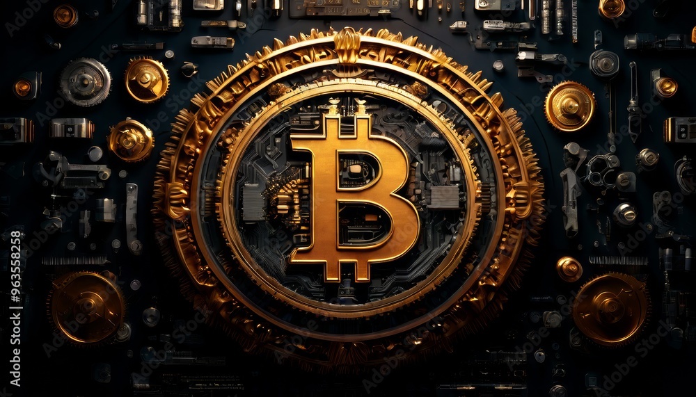 Poster a golden bitcoin emblem is surrounded by various mechanical parts on a dark background. the image sy