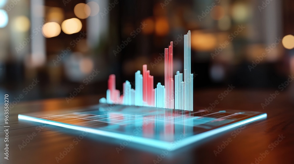Poster a futuristic bar graph displayed in a modern office setting, highlighting data trends and insights w
