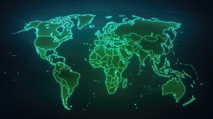 Naklejka premium A futuristic glowing map of the world in vibrant green, perfect for technology, travel, and global connectivity themes.