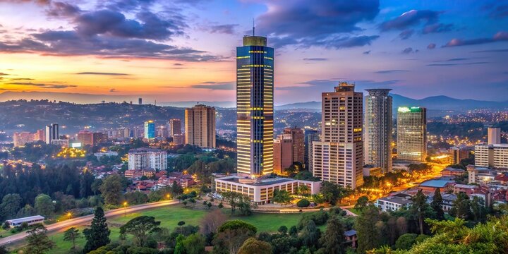 A stunning stock photo of a modern skyscraper towering over Kigali s downtown area nestled atop a picturesque hill during a breathtaking dusk, evening, scenic, sunset, Rwanda