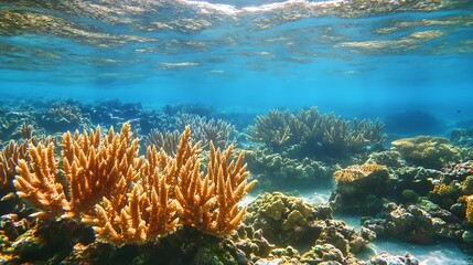 Fototapeta premium Stressed coral reef teeming with fewer marine life forms, showing ecological changes with blue underwater spaces for copy.