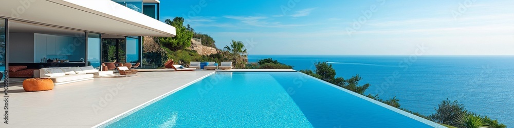 Poster a pool with a beautiful view of the ocean. the pool is surrounded by a white house. the pool is larg