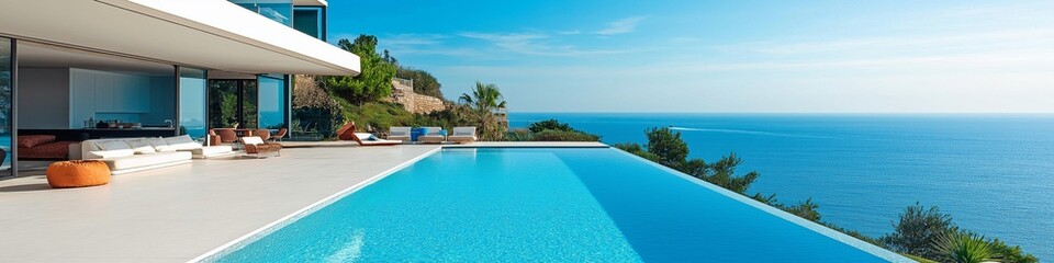 Fototapeta premium A pool with a beautiful view of the ocean. The pool is surrounded by a white house. The pool is large and has a clear blue water