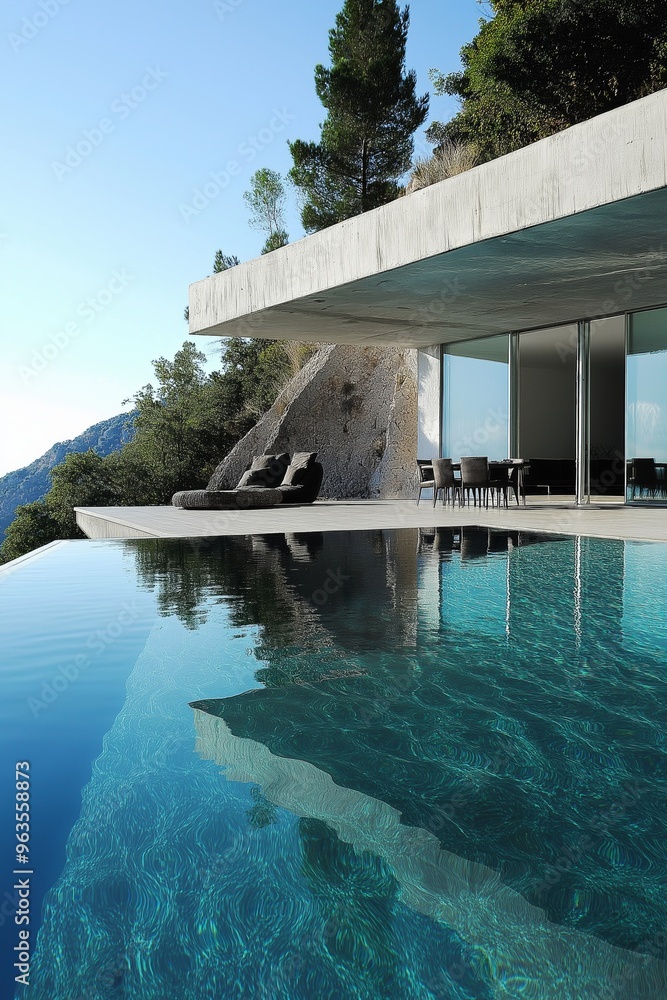 Poster a large house with a pool and a patio. the pool is surrounded by a deck and has a reflection of the 