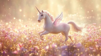 Magical unicorn with wings runs through a field of flowers.