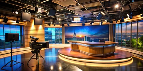 A stock photo showcasing a TV studio with a retro studio background captured from a bird s eye view, recording, retro, entertainment, retro style, nostalgia,tv studio