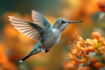Fototapeta premium Hummingbird hovering near orange flower feeding on nectar with blurred background