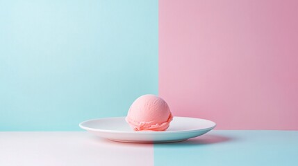 Pink ice cream scoop on white plate