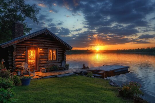 Tranquil log cabin overlooking lake at sunset with dramatic sky - Powered by Adobe