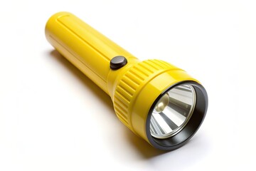 safety, bright, concept, portable, illumination,yellow, aerial, object, equipment, white background, tool, utility, power, technology, Yellow flashlight isolated on white background